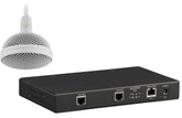 A microphone sits next to a computer on a white background, highlighting a modern workspace setup.